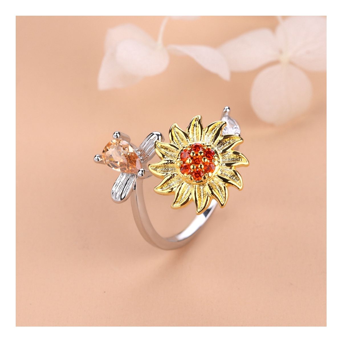 ZG JOYAS - Anillo Girasol Antiestres Flor Giratoria Zircón Mujer