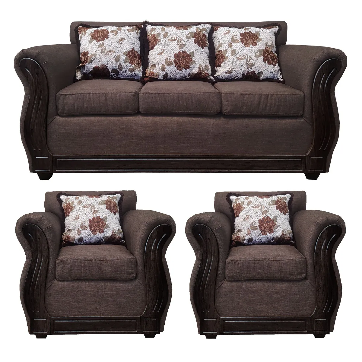 AMERICA DECORA - Living Con Resorte Estructural 5 Cuerpos 3+1+1 Eleonor Liso Color Café Medio