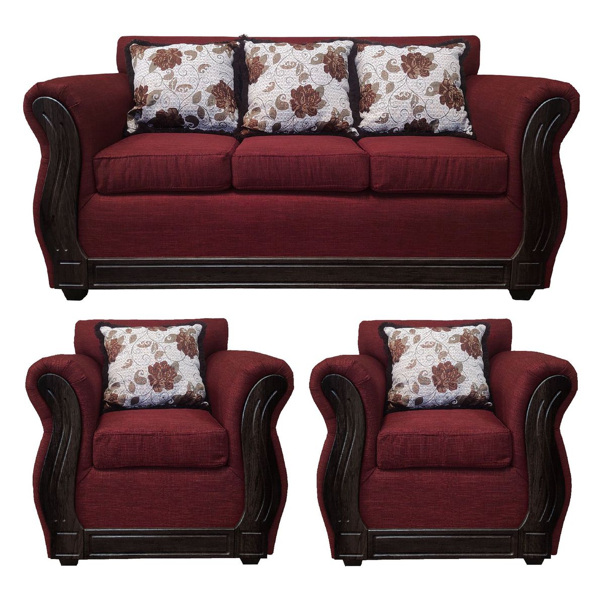 AMERICA DECORA - Living Con Resorte Estructural 5 Cuerpos 3+1+1 Eleonor Liso Color Burdeo