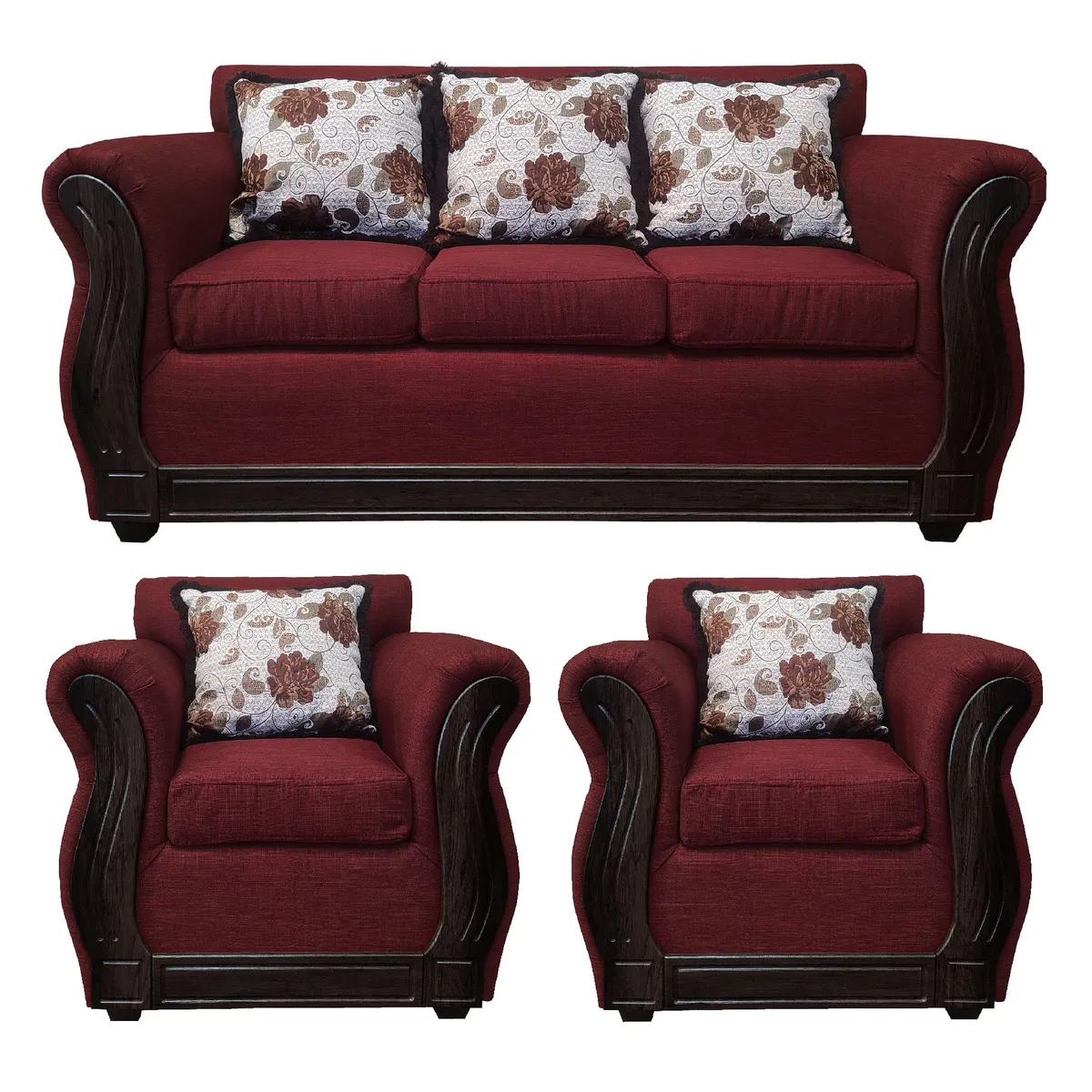 AMERICA DECORA - Living Con Resorte Estructural 5 Cuerpos 3+1+1 Eleonor Liso Color Burdeo