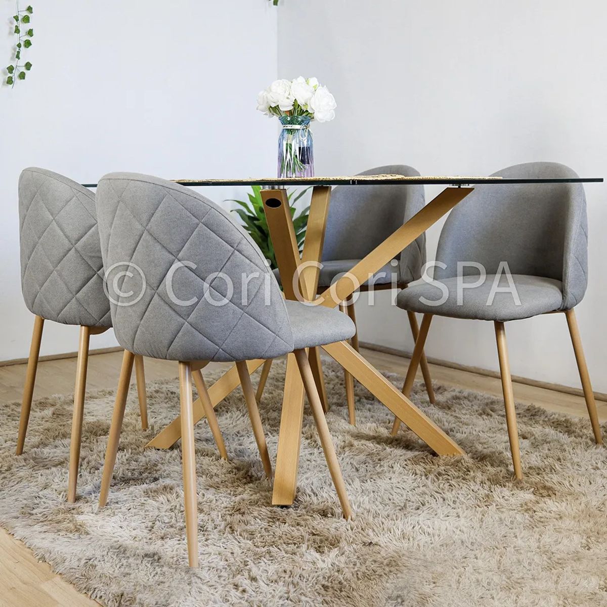 CORI CORI - Juego de Comedor Madrid Vidrio 160x90cm + 4 Bread Lino Gris