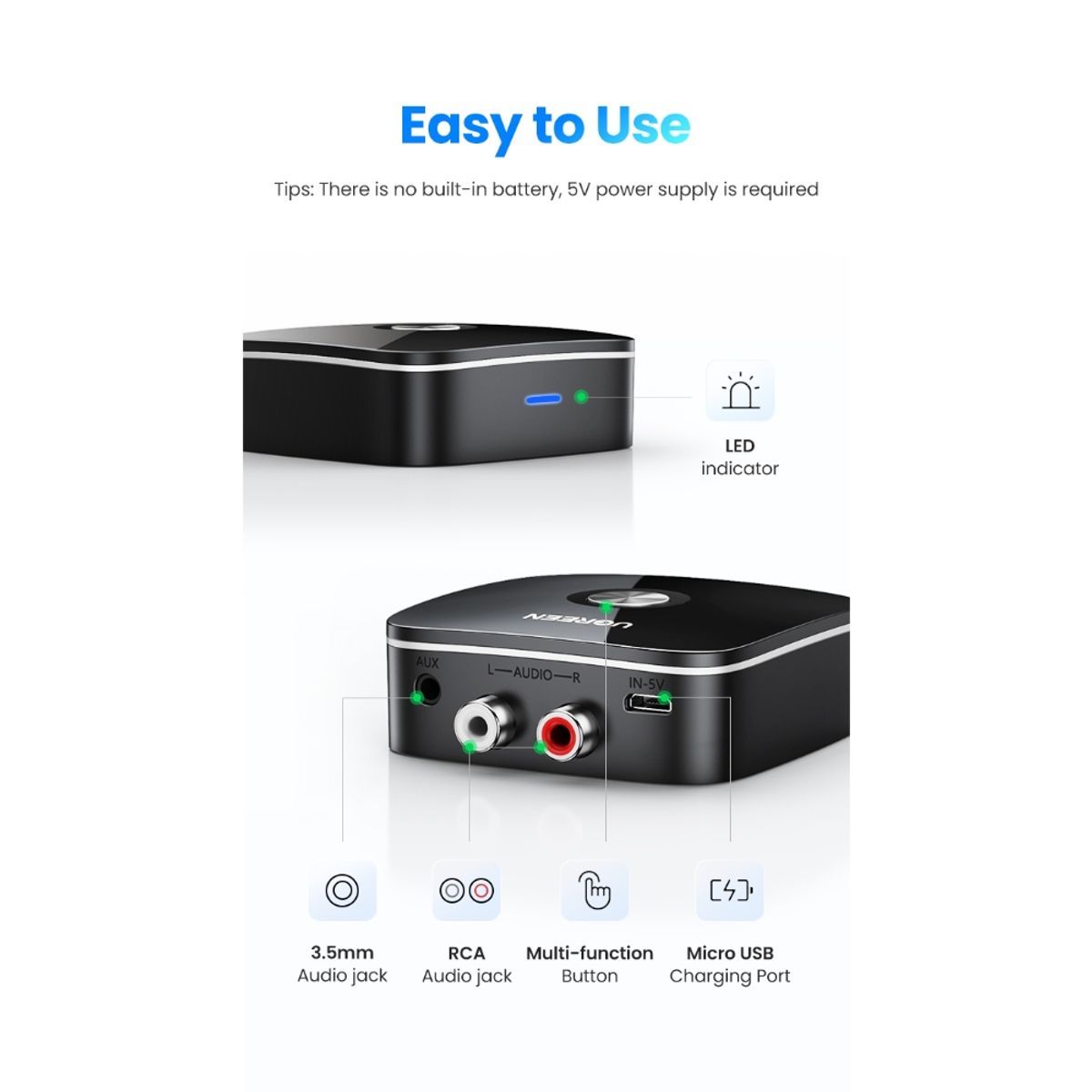 UGREEN - Receptor Bluetooth 5.1 / 2RCA /AUX NEGRO