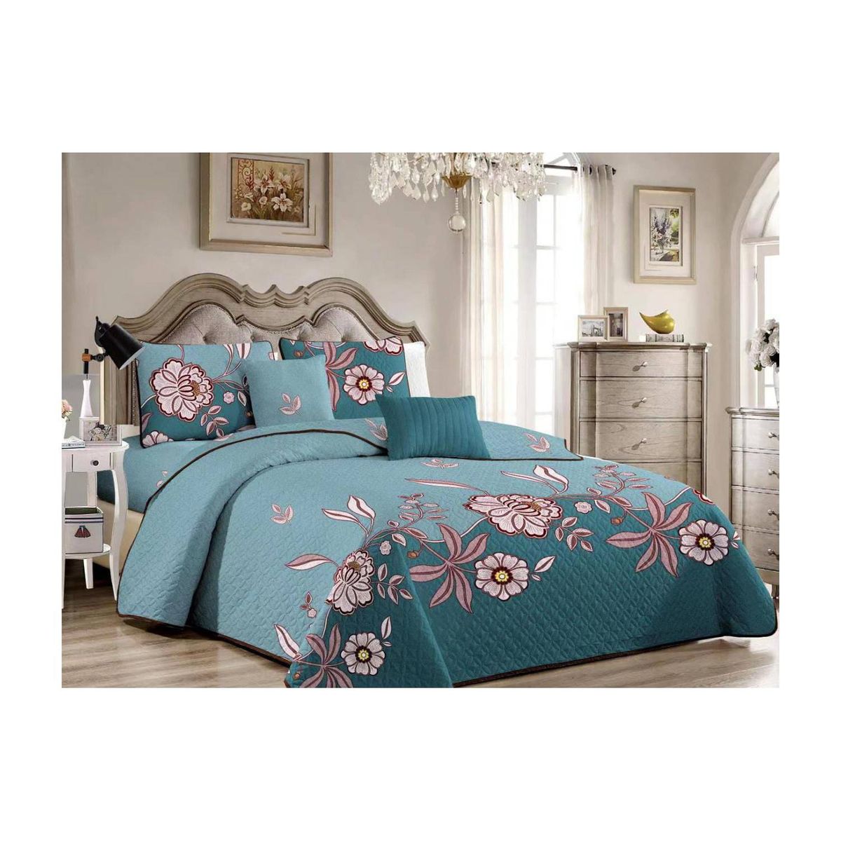 GENERICO - Cubrecama Quilt King Verano Reversible - Celeste Flores FLH856