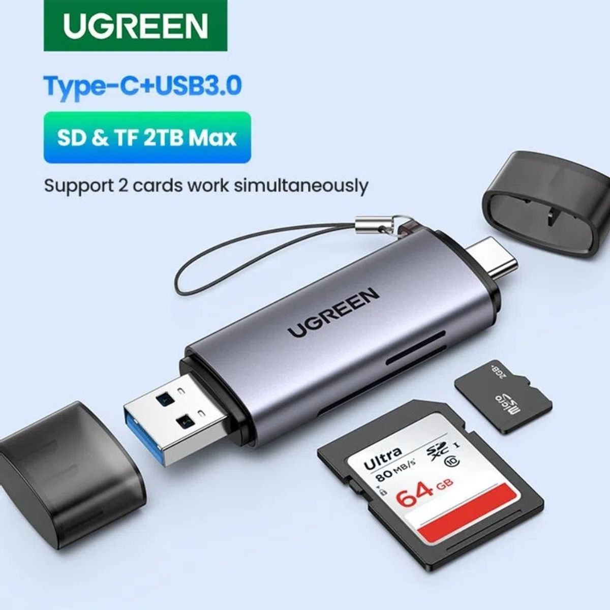 UGREEN - Lector 2 en 1 Multitarjeta memoria Dual USB-A 3.0/USB-C 3.1 (SD/MICROSD) ALUMINIO SILVER