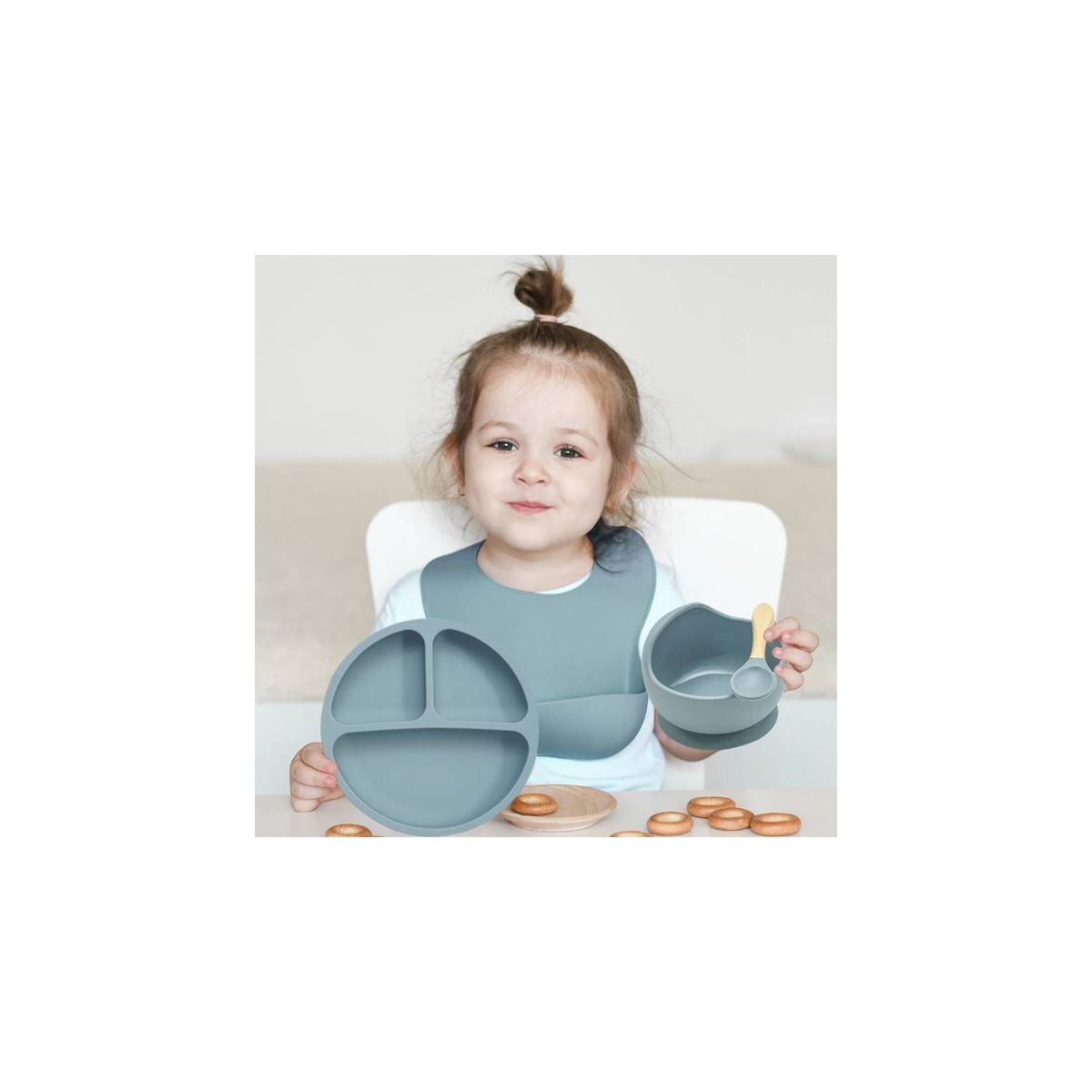 U BUY - Set Platos Para Bebés Babero Bowl Cuchara     Menta Verde