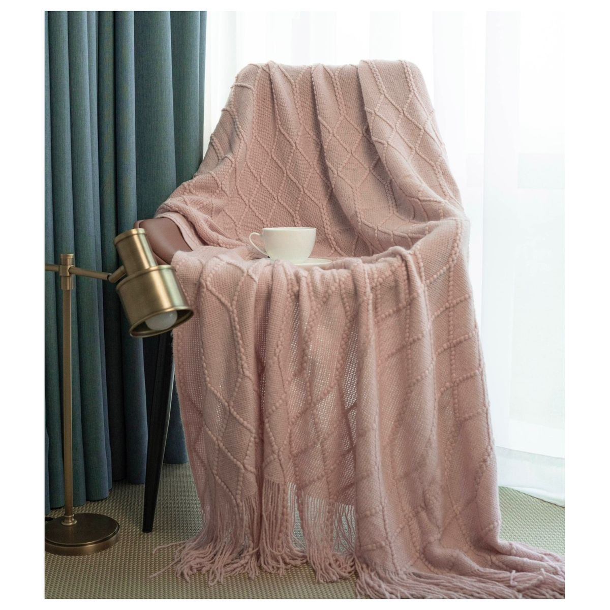 COMPRAPO - Manta para Sofá o Piecera Blanket Mod Rombos y Flecos Color Rosa