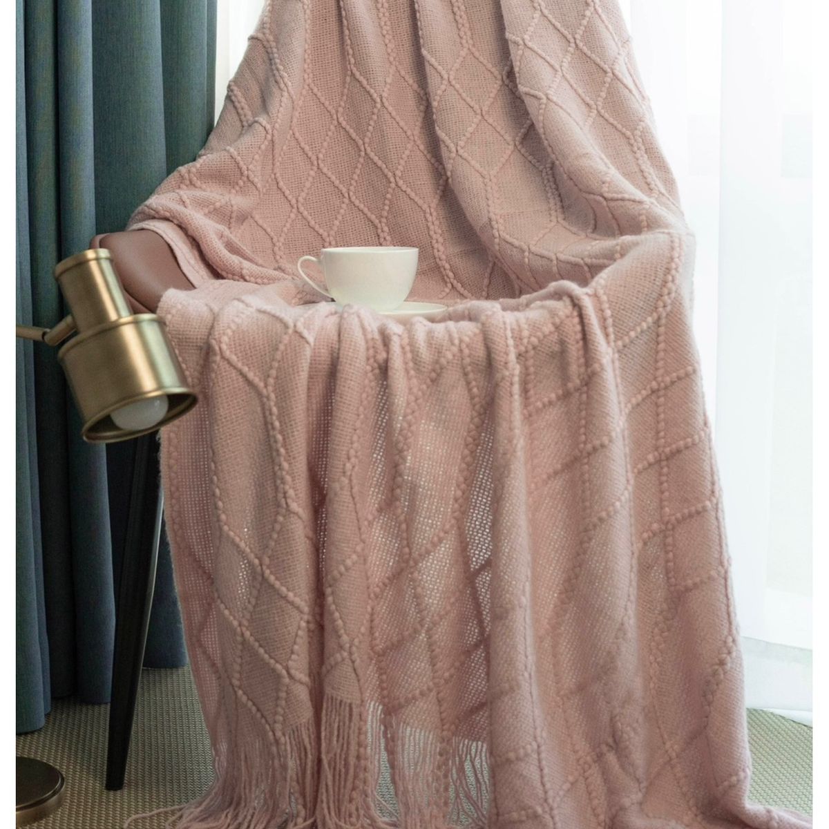 COMPRAPO - Manta para Sofá o Piecera Blanket Mod Rombos y Flecos Color Rosa