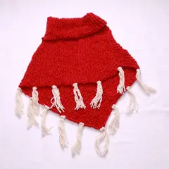 ALDEA ARTESANAL - Poncho en lana de oveja roja y flecos lana natural
