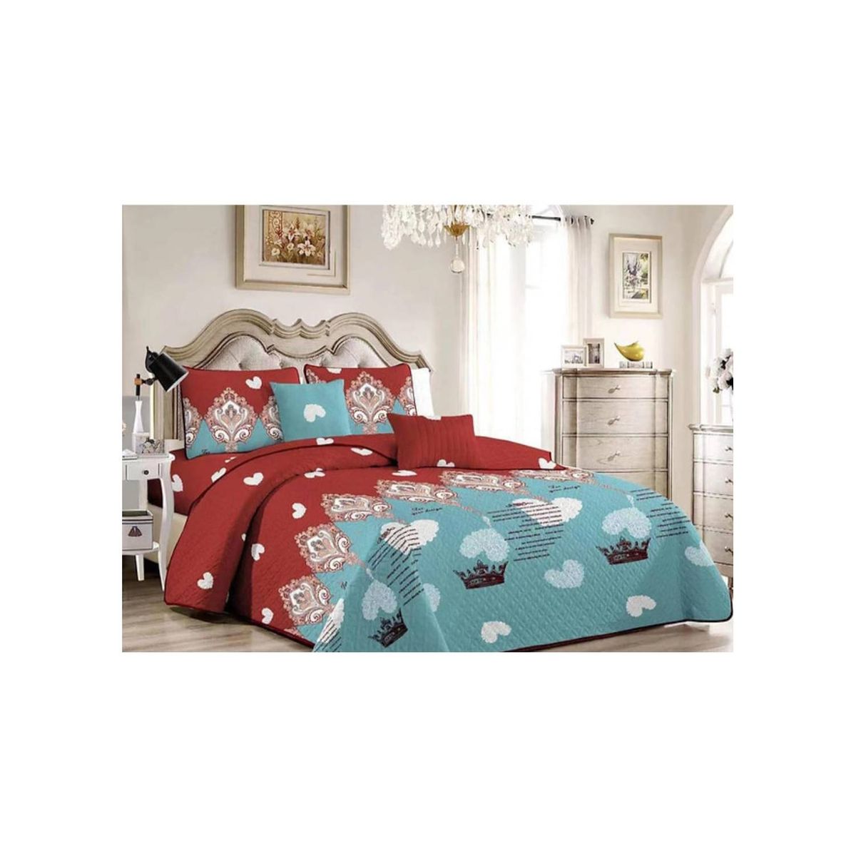 GENERICO - Cubrecama Quilt King Verano Reversible - Rojo Celeste Reina FLH846