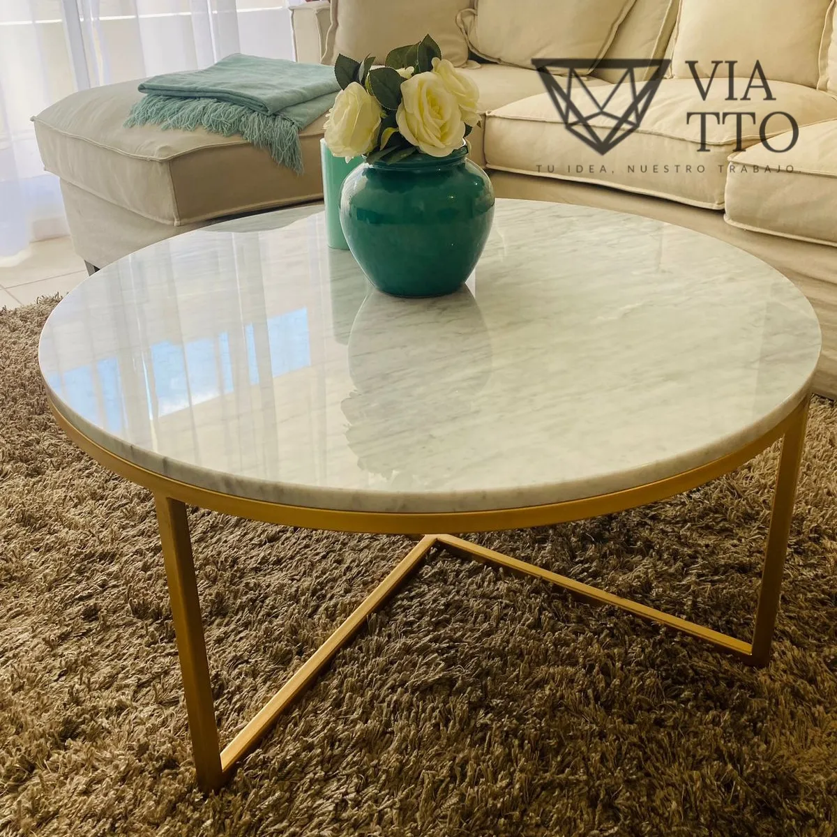 GENERICO - Mesa de centro Circular Cruz Dorada 60 cm Mármol - Viatto