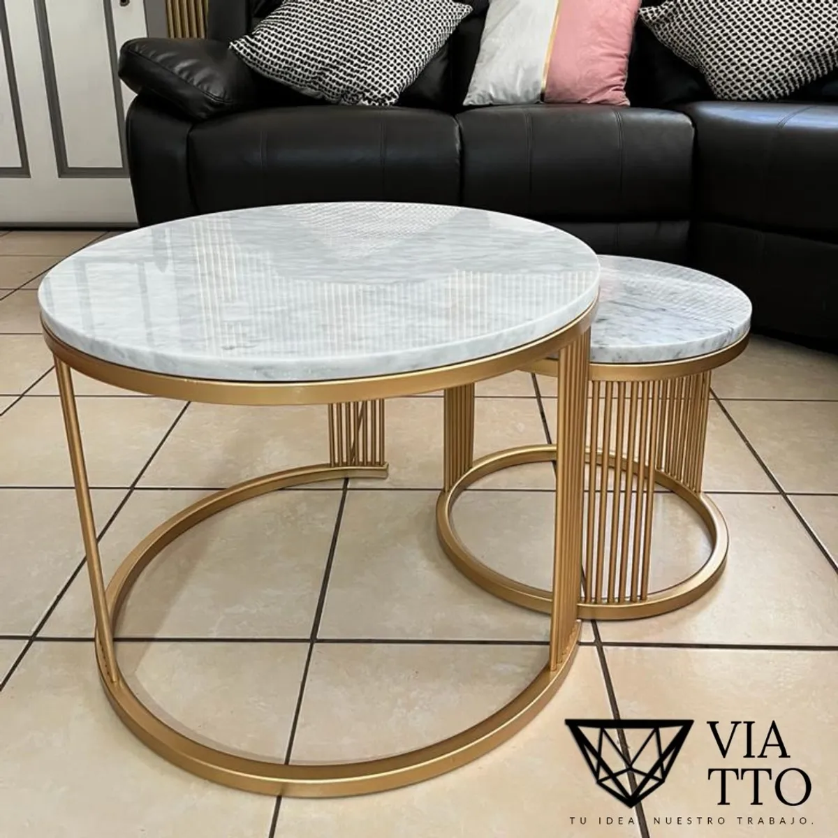 GENERICO - Mesa de centro nido IIII Mármol 60 cm + 40 cm Dorada - Viatto