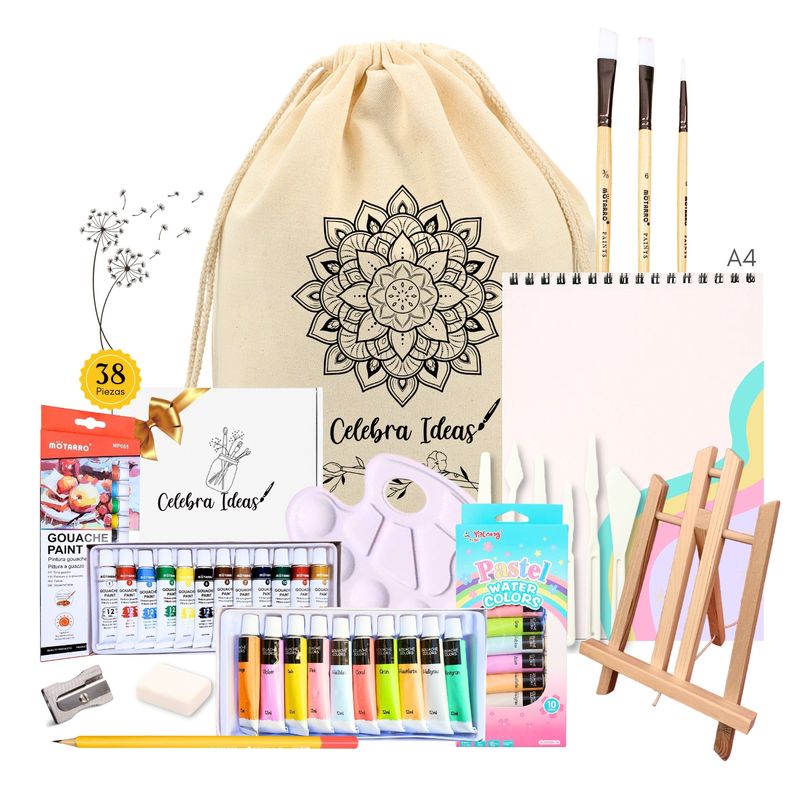 CELEBRA IDEAS - SET ARTE PINTURA GOUACHE C TONOS PASTEL KIT ARTE 38 PIEZAS