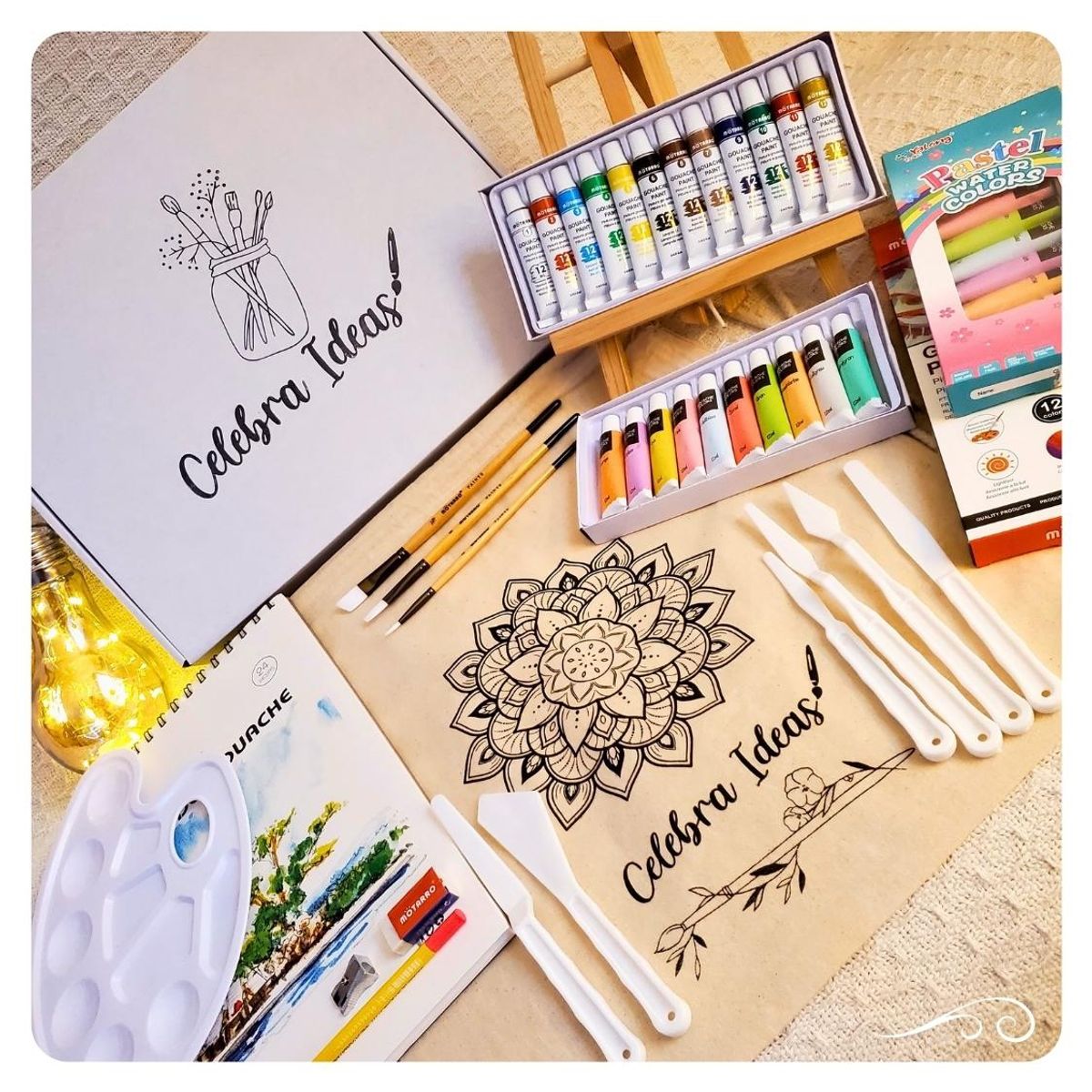 CELEBRA IDEAS - SET ARTE PINTURA GOUACHE C TONOS PASTEL KIT ARTE 38 PIEZAS