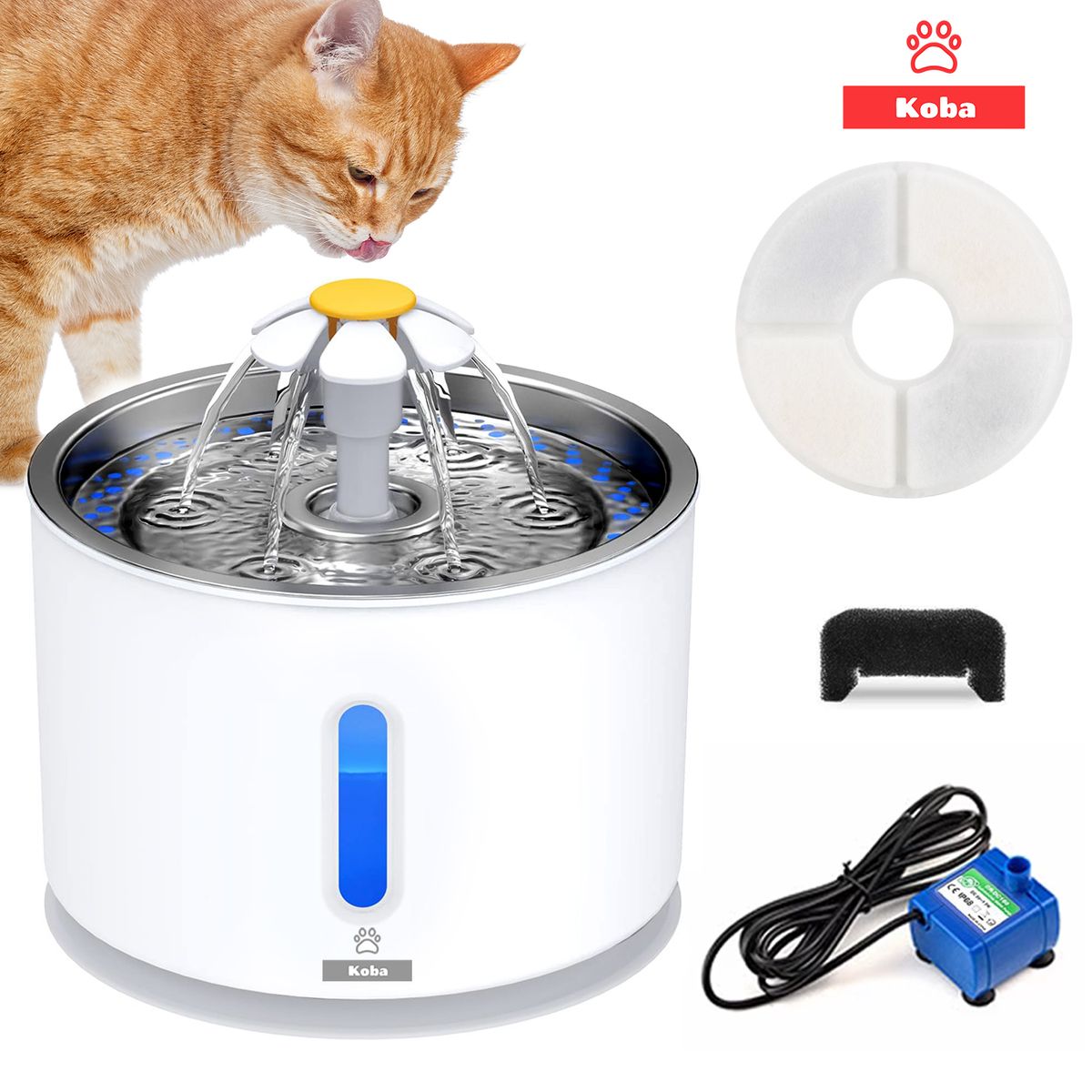 KOBA - Bebedero Electrico Gato Perro Fuente Agua 2400ml + 1 Filtro