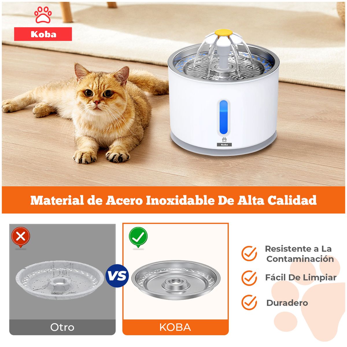 KOBA - Bebedero Electrico Gato Perro Fuente Agua 2400ml + 1 Filtro