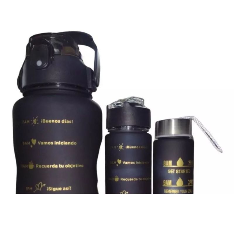 GENERICO - Pack De 3 Botellas Motivacional Negras. 2 Ltr, 900ml 300ml..