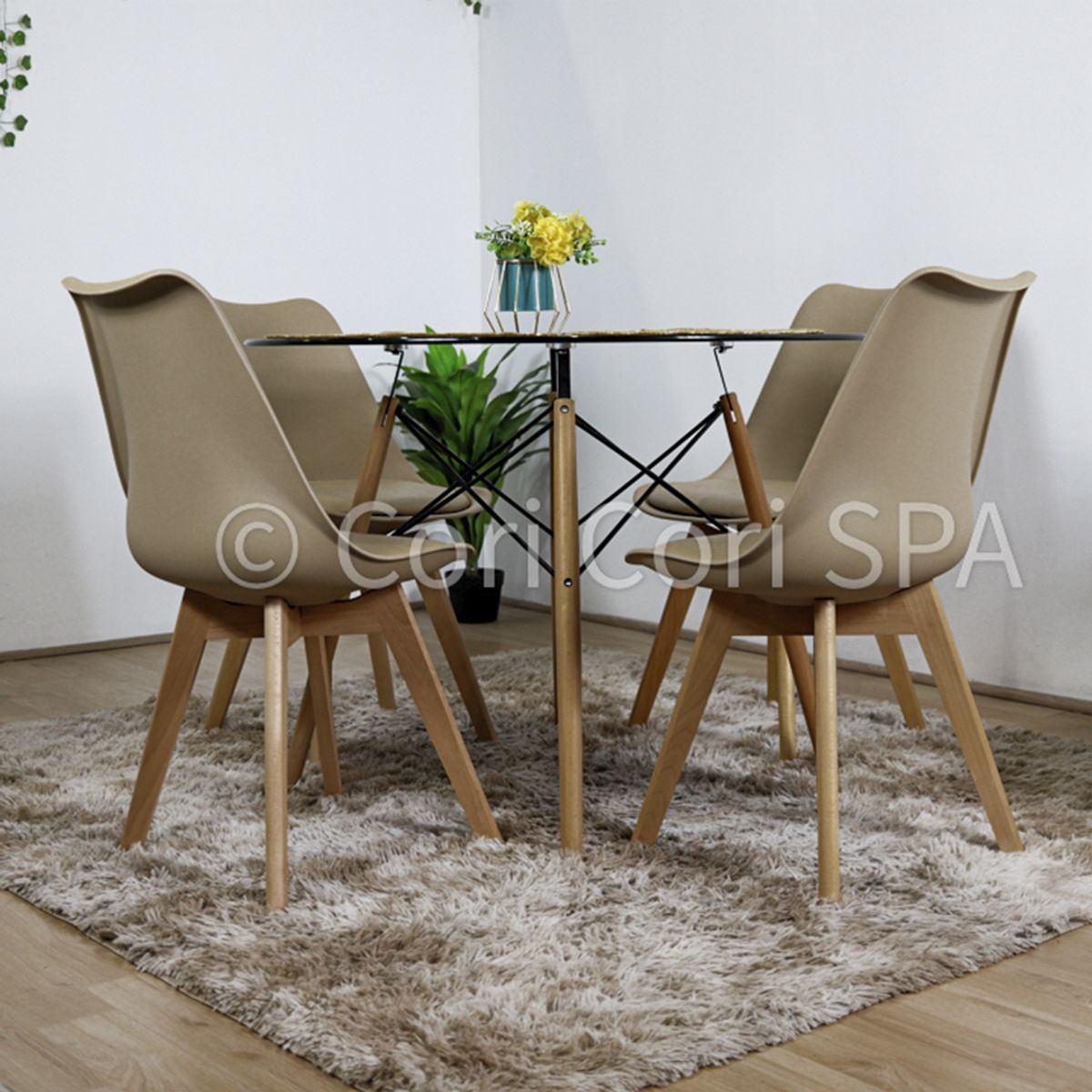 CORI CORI - Juego Comedor Mesa Eames Vidrio 100 cm + 4 Sillas Tulip Beige