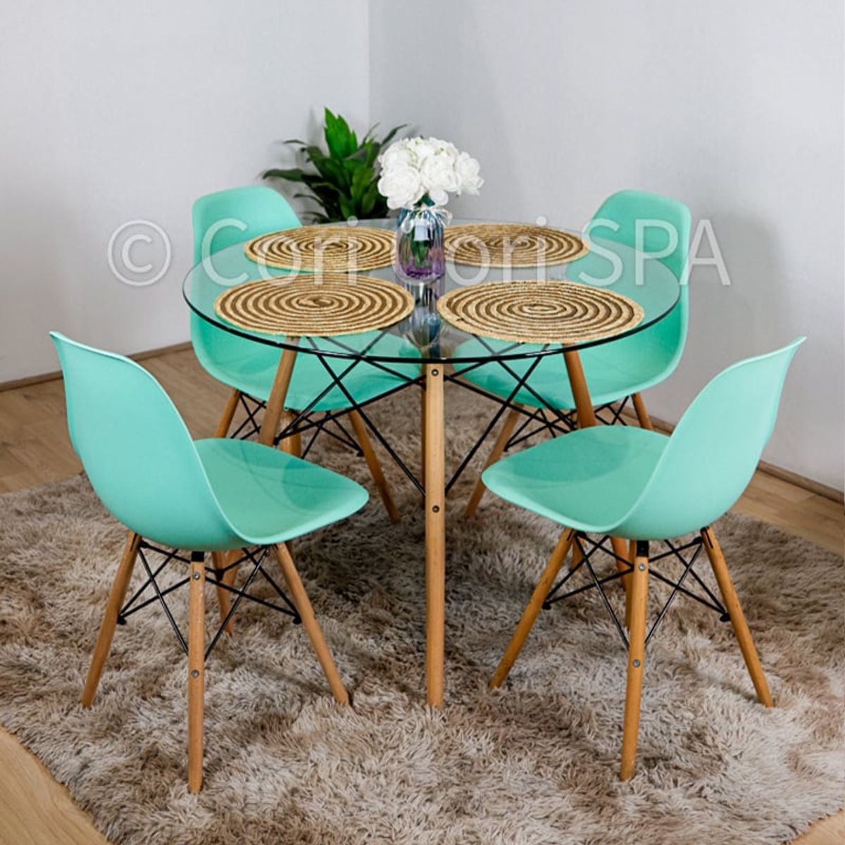 CORI CORI - Juego de Comedor Mesa Vidrio 100cm + 4 Sillas Eames Menta