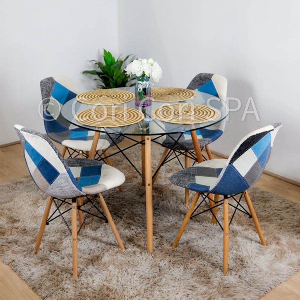 CORI CORI - Juego de Comedor Mesa Vidrio 100cm + 4 Patchwork Celestoides