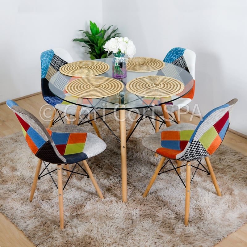 CORI CORI - Juego de Comedor Mesa Diamante 100cm + 4 Eames Patchwork Naranjas