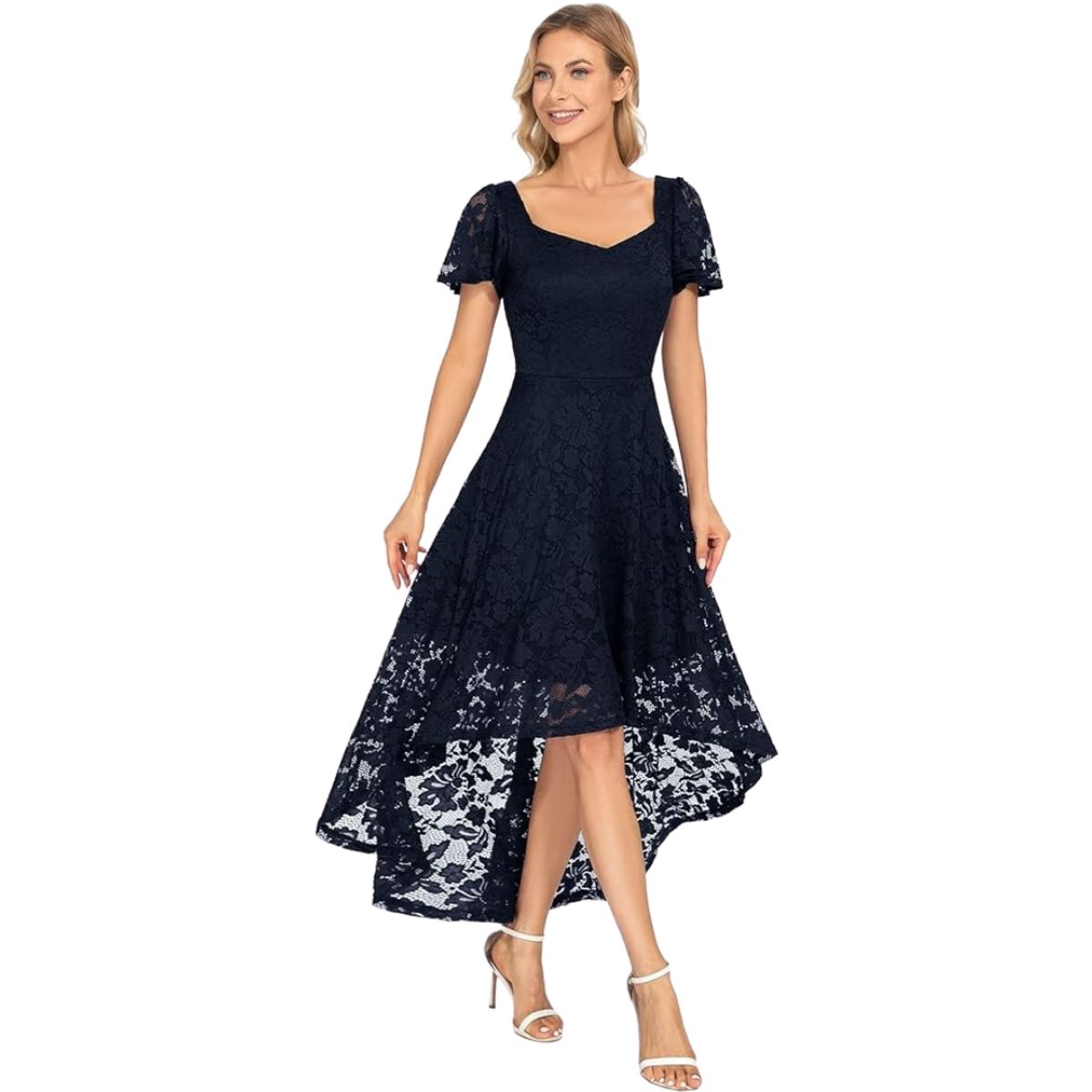 GENERICO - VESTIDO ASIMETRICO CUELLO ROMBO TODO DE ENCAJE IDEAL PARA FIESTA