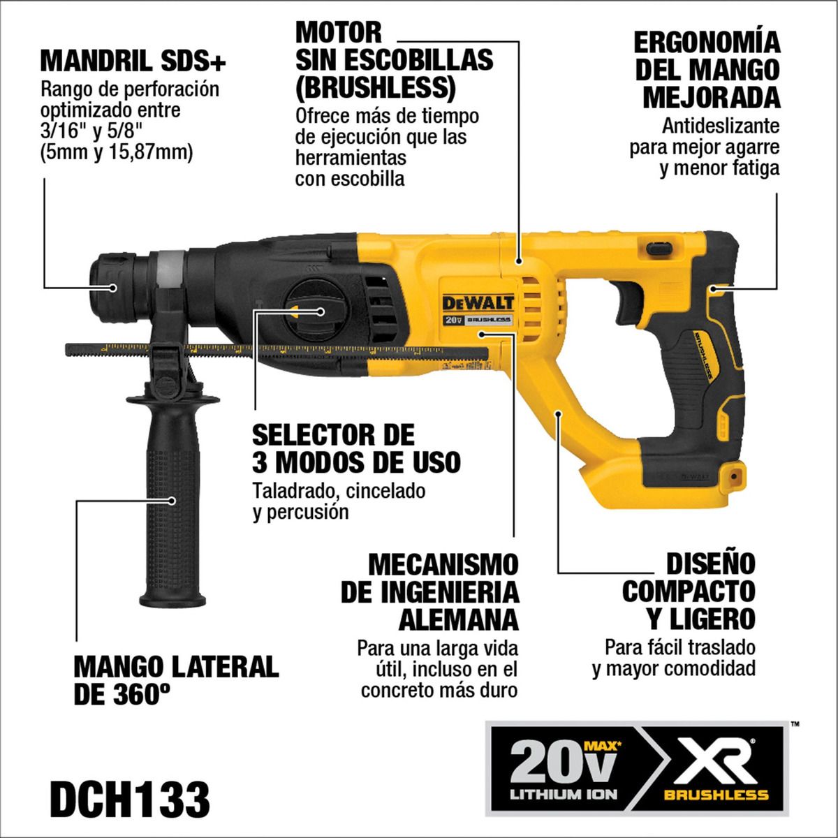 DEWALT - Rotomartillo Sds 20v S/carbones S/batería Dewalt Dch133b-b3