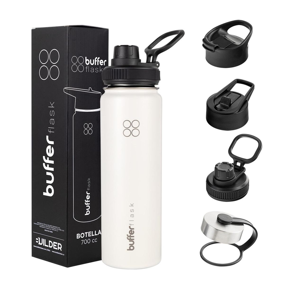 BUFFER FLASK - Termo Botella Agua Termica Acero Inox + Tapas - Blanco