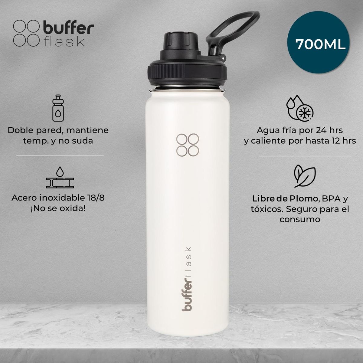 BUFFER FLASK - Termo Botella Agua Termica Acero Inox + Tapas - Blanco