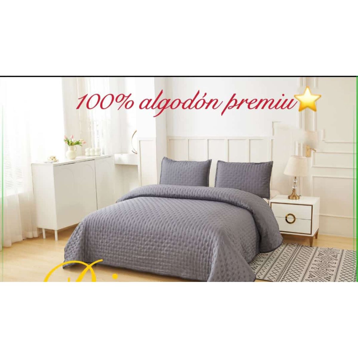 DIANA - CUBRECAMA GRIS 2 PLAZA DE ALGODON PREMIUN QUILT DE VERANO UNICOLOR