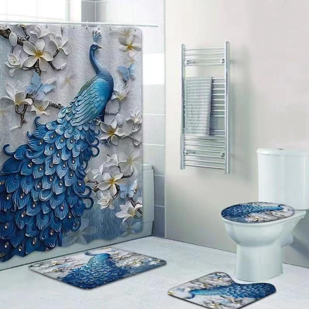 GENERICO - SET de baño COMPLETO 4 piezas CON DISEÑO PAVO REAL AZUL