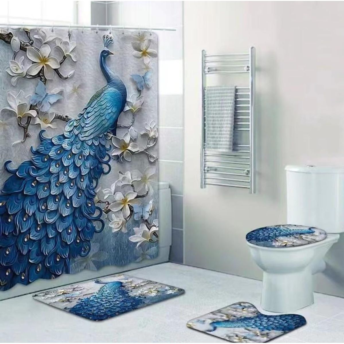 GENERICO - SET de baño COMPLETO 4 piezas CON DISEÑO PAVO REAL AZUL