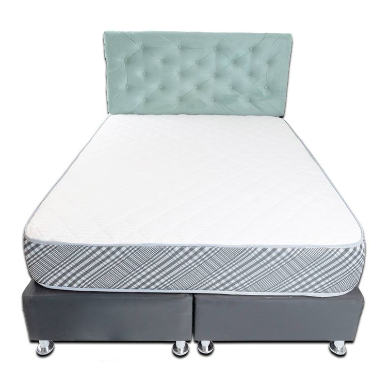 MUEBLES HVM - Cama HVM FULL Negra Felpa Respaldo Verde Menta Botone PMetal