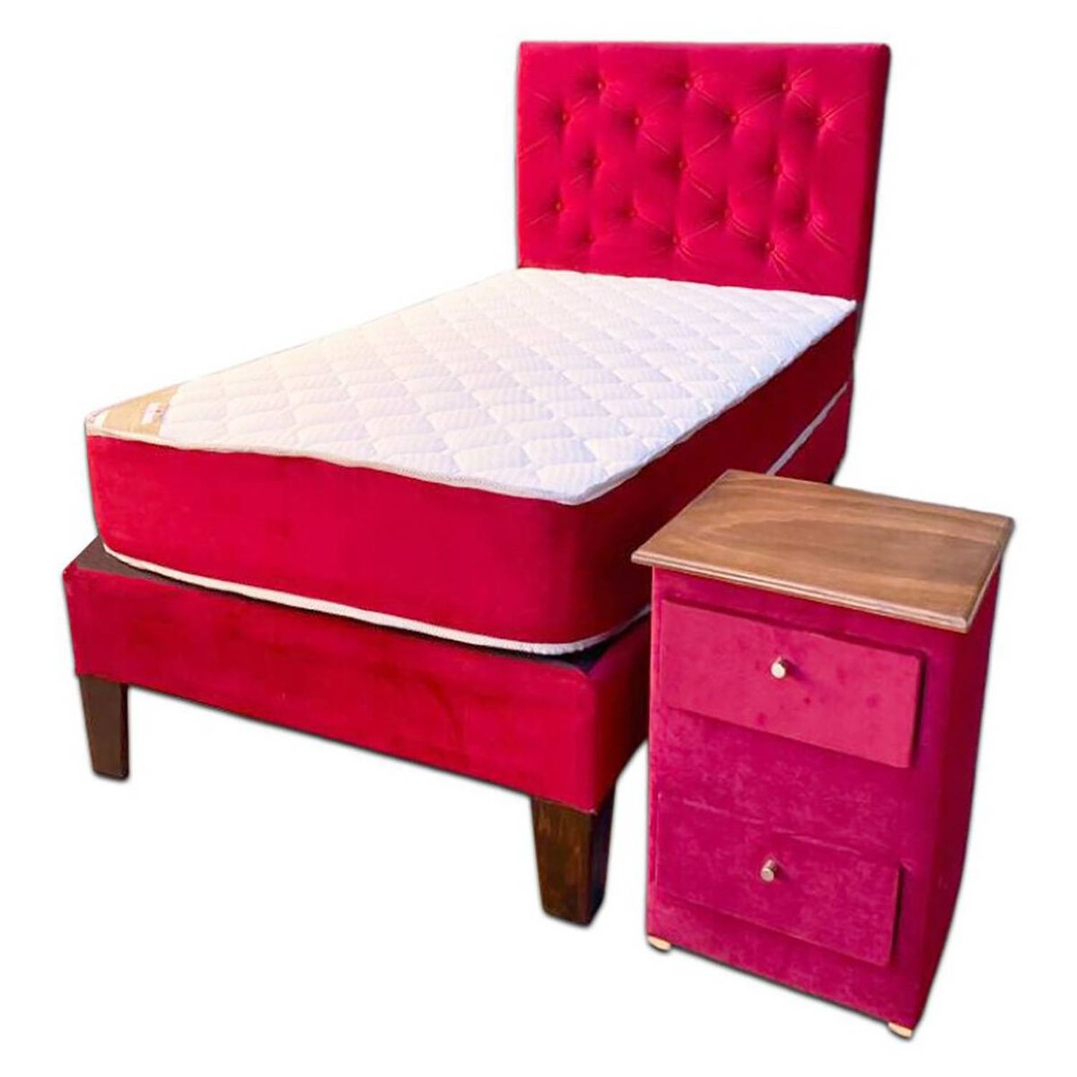 MUEBLES HVM - Cama HVM 1P Rojo   +  velador Pmadera