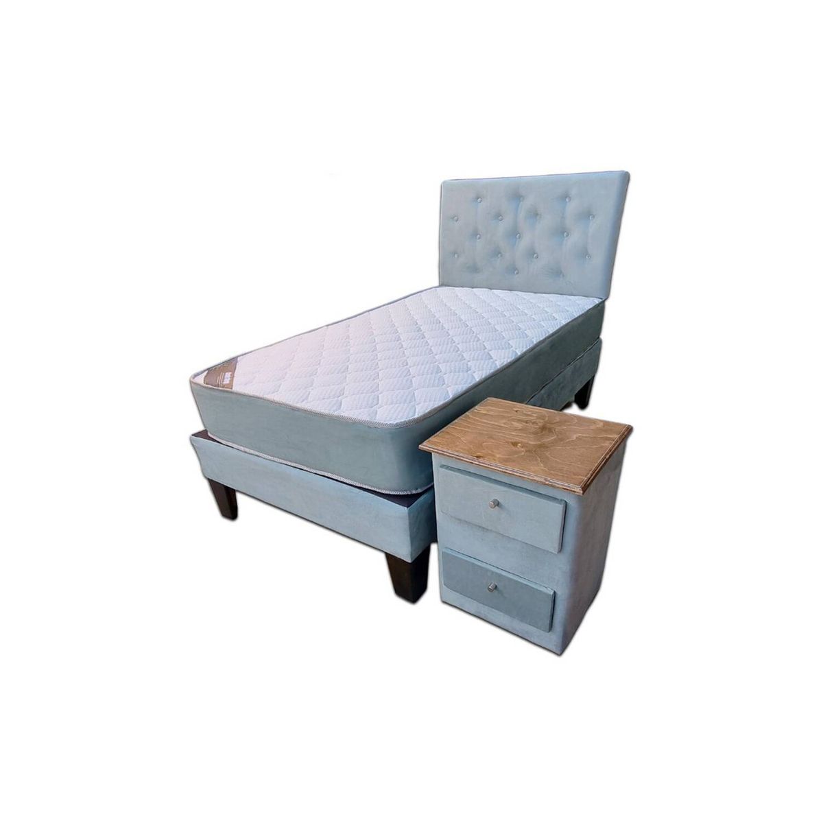 MUEBLES HVM - Cama HVM 1P  AZUL PETROLEO   +  velador Pmadera