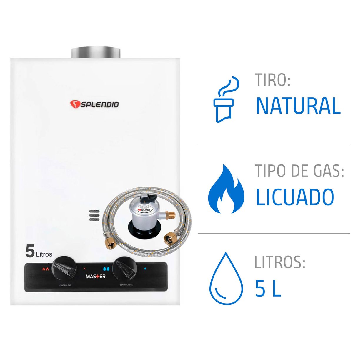 Pack Calefont 5 Litros Gas Licuado Tiro Natural + Regulador, marca SPLENDID - Foto Principal