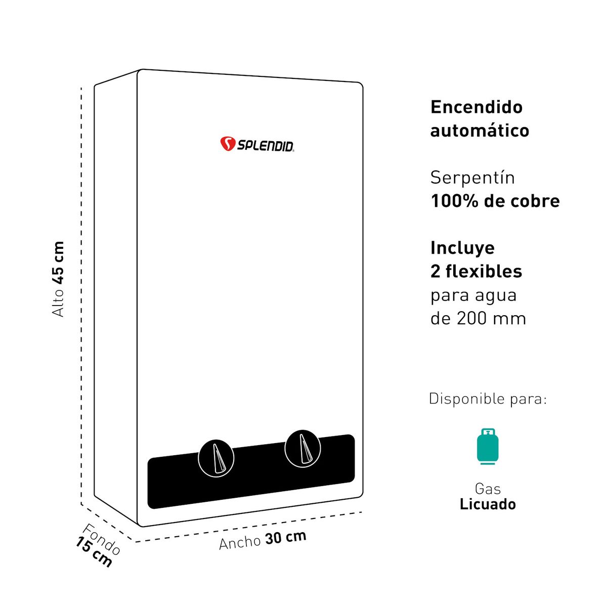 SPLENDID - Pack Calefont 5 Litros Gas Licuado Tiro Natural + Regulador