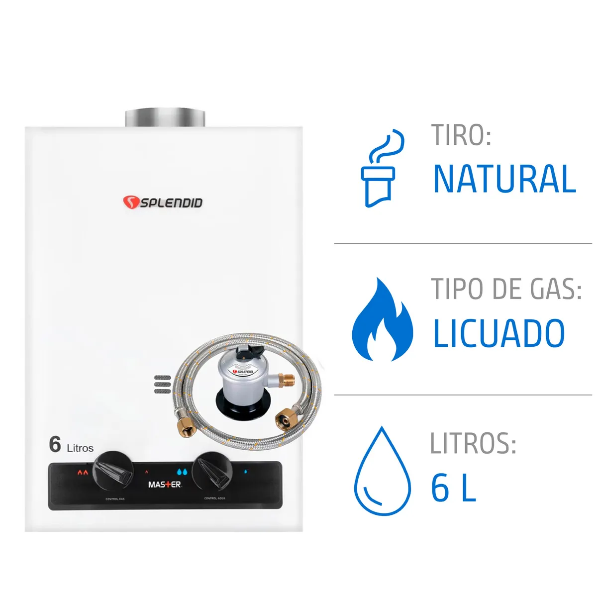 Pack Calefont 6 Litros Gas Licuado Tiro Natural + Regulador, marca SPLENDID - Foto Principal