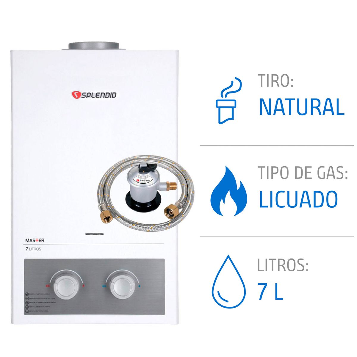 Pack Calefont 7 Litros Gas Licuado Tiro Natural + Regulador, marca SPLENDID - Foto Principal