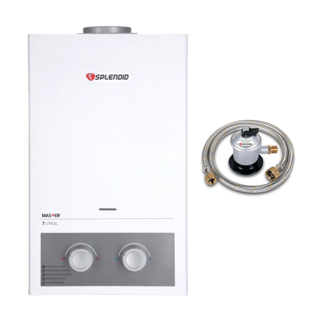 SPLENDID - Pack Calefont 7 Litros Gas Licuado Tiro Natural + Regulador