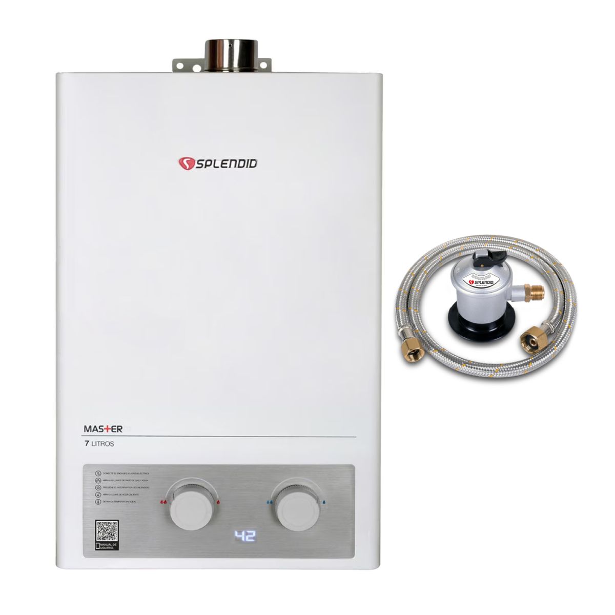 SPLENDID - Pack Calefont 7 Litros Gas Licuado Tiro Forzado + Regulador