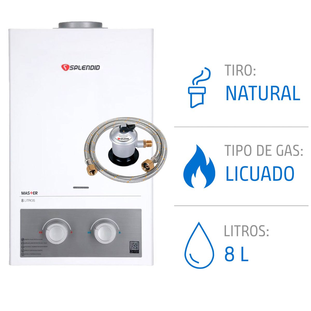 Pack Calefont 8 Litros Gas Licuado Tiro Natural + Regulador, marca SPLENDID - Foto Principal