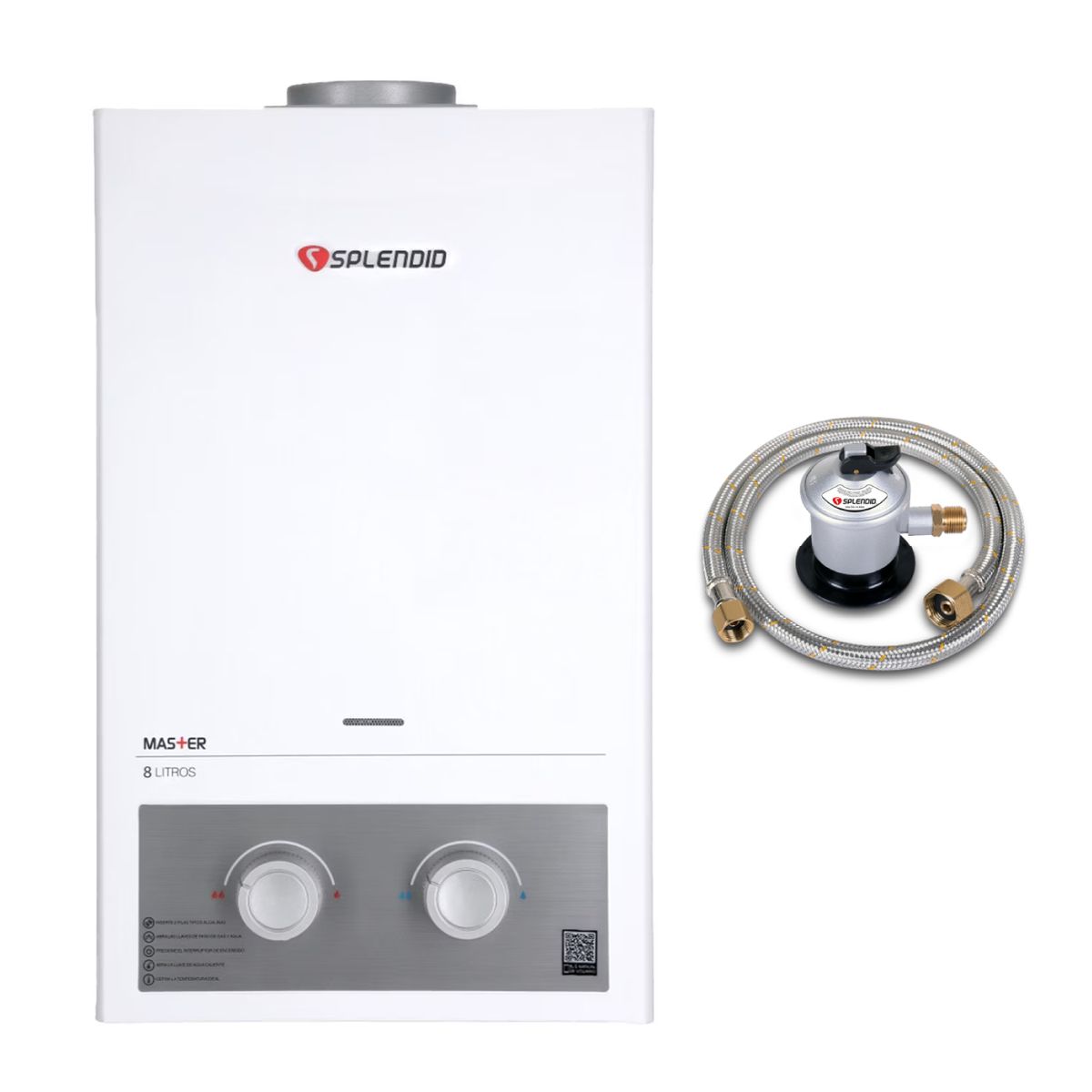 SPLENDID - Pack Calefont 8 Litros Gas Licuado Tiro Natural + Regulador