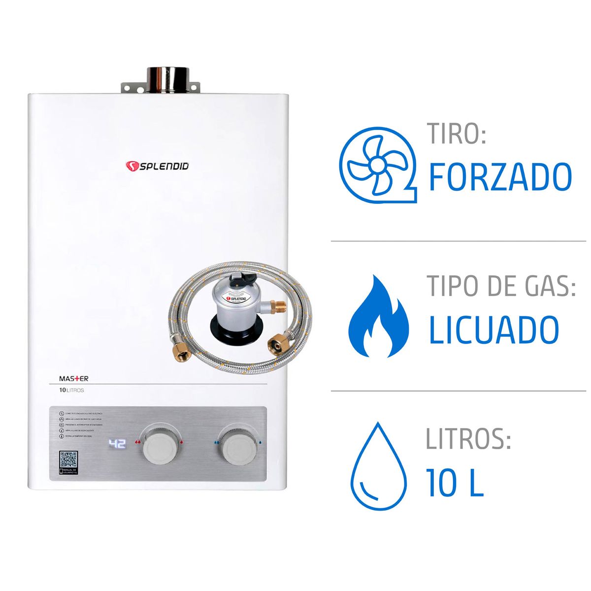 Pack Calefont 10 Litros Gas Licuado Tiro Forzado + Regulador, marca SPLENDID - Foto Principal