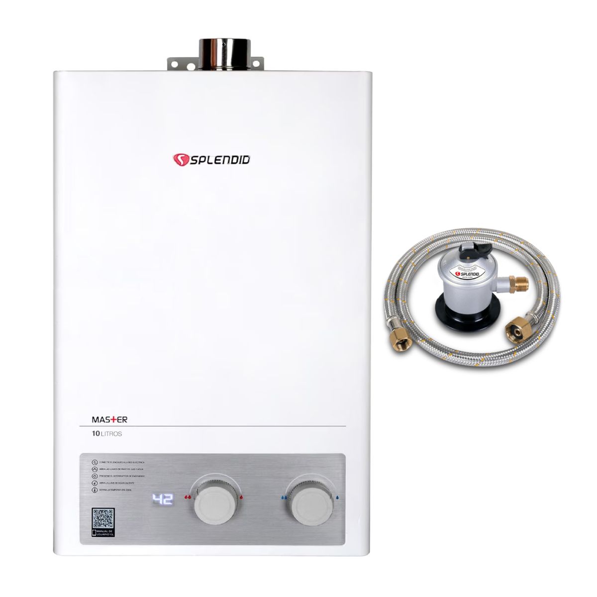 SPLENDID - Pack Calefont 10 Litros Gas Licuado Tiro Forzado + Regulador