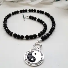 GENERICO - Collar de cuentas ónix natural y colgante ying yang plata 950