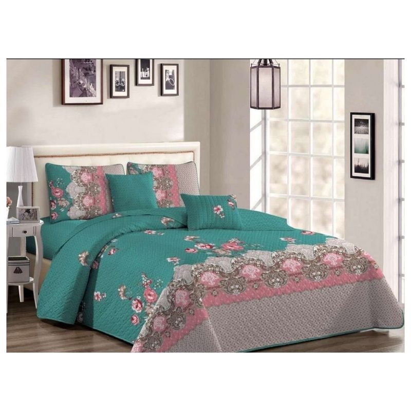 GENERICO - Cubrecama quilt verano 1.5 plazas - Turquesa flores