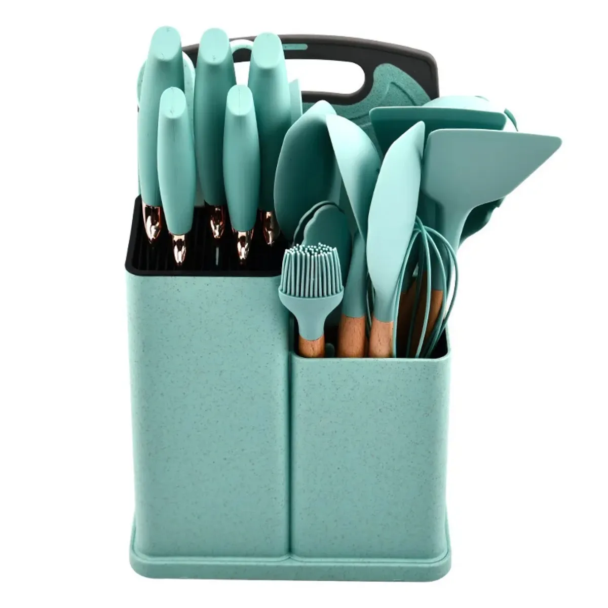 GENERICO - UTENSILIO DE COCINA 19 PIEZAS MADERA, SILICONA ANTIHADERENTE VERDE