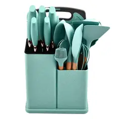 GENERICO - UTENSILIO DE COCINA 19 PIEZAS MADERA, SILICONA ANTIHADERENTE VERDE