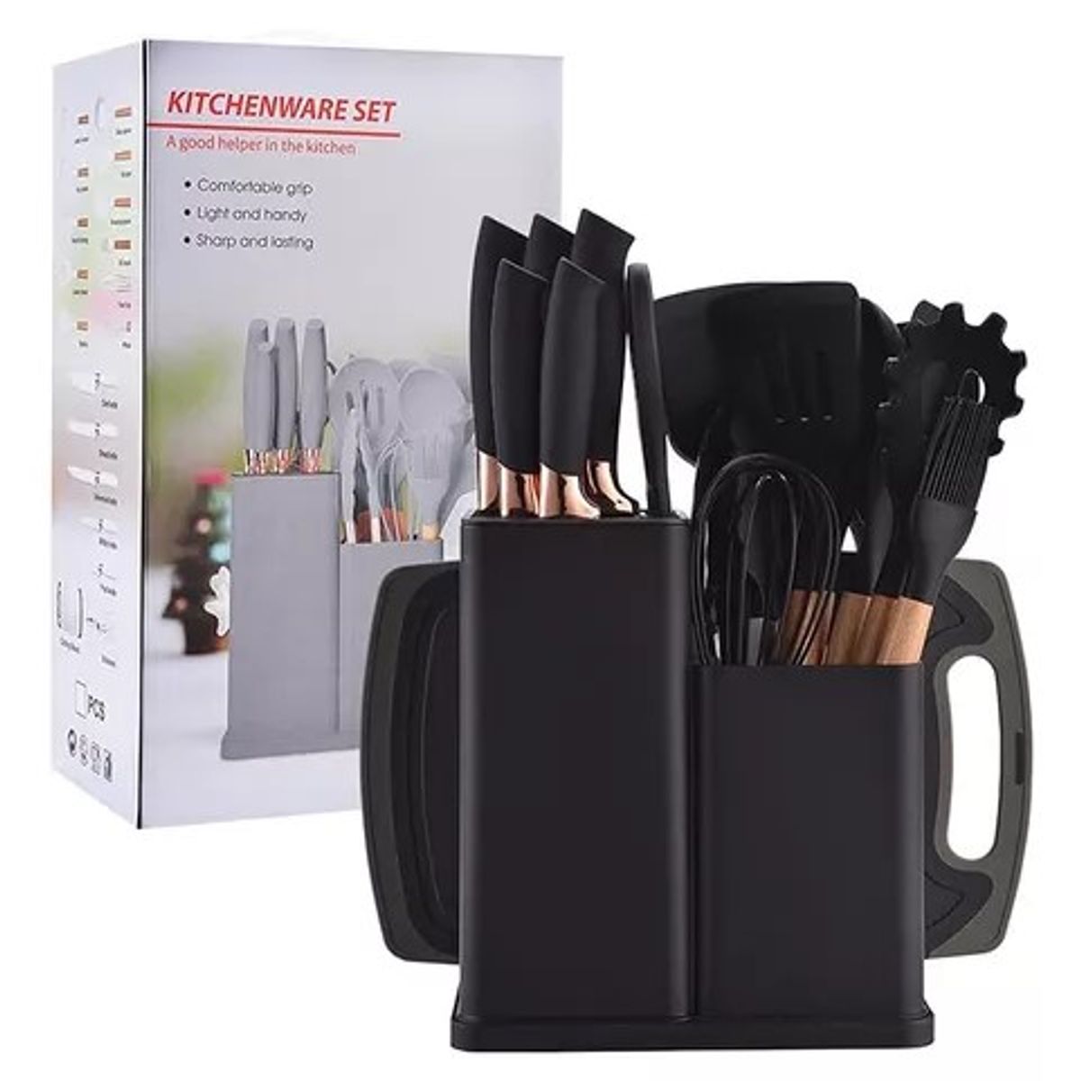 GENERICO - UTENSILIO DE COCINA 19 PIEZAS MADERA, SILICONA ANTIHADERENTE NEGRO