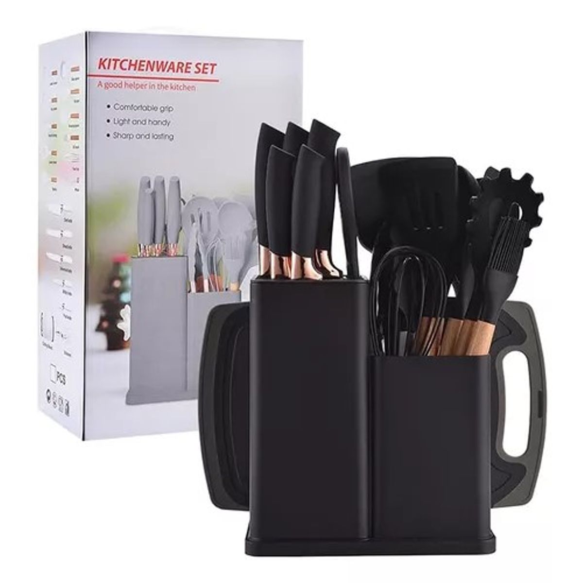 GENERICO - UTENSILIO DE COCINA 19 PIEZAS MADERA, SILICONA ANTIHADERENTE NEGRO